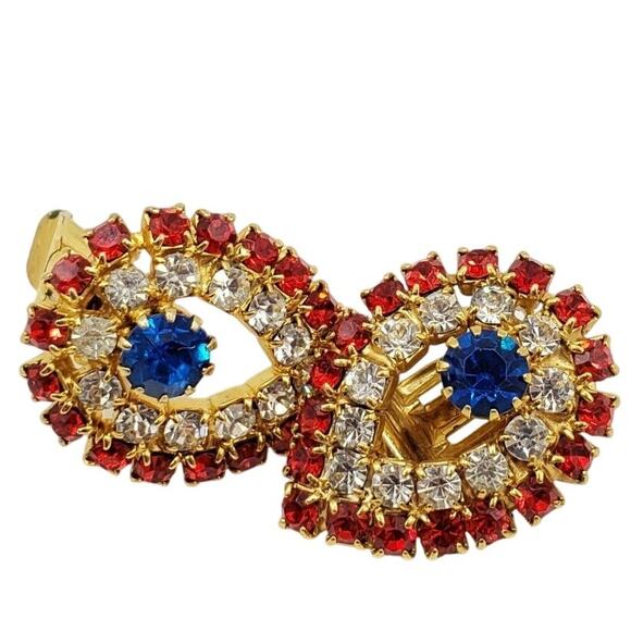 Retro Patriotic Rhinestone Clip On Earrings Red White Blue Teardrop 4th of July - Picture 1 of 5